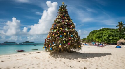 Christmas tree on the beach. Generative AI