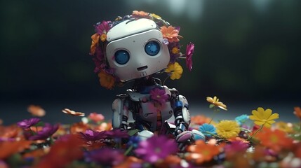Cute robot in flowers. Generative AI