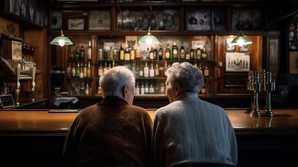 Back view senior couple in the bar. Generative AI