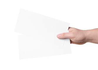Obraz premium Woman holding flyers on white background, closeup. Mockup for design