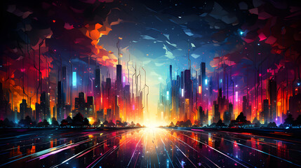 Night city with neon lights. Futuristic cityscape. illustration. generative ai