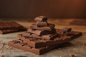 Pieces and crumbs of tasty chocolate on wooden table, closeup