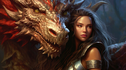 In a realm of dreams, a mesmerizing woman and a majestic dragon weave a tale of magic and heroism. AI generated