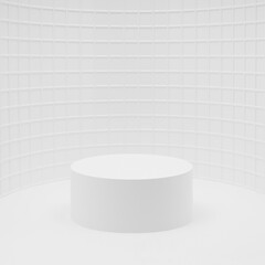 Modern white abstract stage mockup as curved alcove - one cylinder podium, mosaic tile in exquisite beauty style, template for presentation cosmetic products, spa, goods, advertising, display, square.