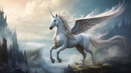 Obraz na płótnie Canvas A magnificent and fantastical winged unicorn pegasus, soaring through the sky with grace and power, its wings glistening in the sunlight. AI generated