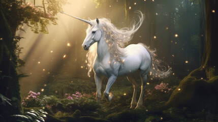 Naklejka na ściany i meble A mystical and graceful unicorn galloping through a mystical forest, its silver-white coat shimmering under the moonlight. forest AI generated
