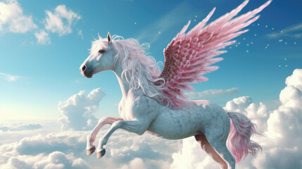 Naklejka na ściany i meble A breathtaking and ethereal pink pegasus with feathers, gliding through the clouds, embodying the spirit of freedom and magic. AI generated