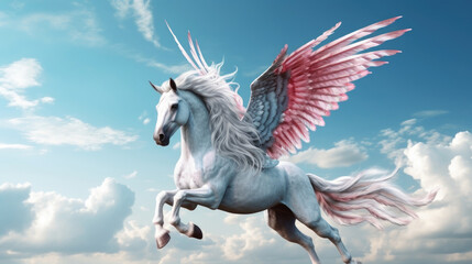 Naklejka na ściany i meble An enchanting and majestic winged horse with a shimmering silver coat, gracefully AI generated