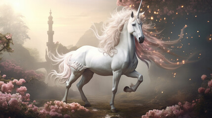 Obraz na płótnie Canvas A beautiful and ethereal unicorn with a vibrant mane and a graceful horn, embodying the magic of dreams. pink mane AI generated