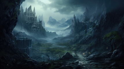 A gloomy mystical fantasy landscape with foggy castles and a river. AI generated