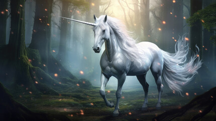 Fototapeta na wymiar A majestic and enchanting fantasy unicorn with a flowing mane and horn, radiating magical aura. Magic Forest AI generated