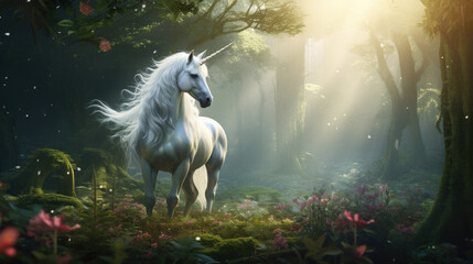 An enchanting and whimsical unicorn surrounded by a field of colorful flowers. sunlight AI generated