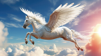 A mystical and powerful pegasus with iridescent wings, surrounded by a celestial glow, symbolizing the connection between the earthly and the divine. sunlight AI generated