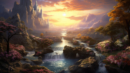 A surreal and ethereal mountain landscape with floating waterfalls, glowing crystals, and a celestial sky, merging fantasy and reality in a captivating way. AI generated