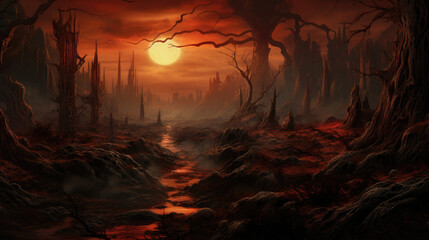 Obraz premium Fantasy hell, marranch landscape, illustration for a book. AI generated