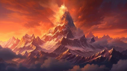 Foto op Aluminium Mystical Red fantasy mountain, landscape for book illustration. AI generated © Valeriia