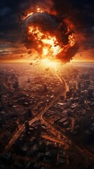 Naklejka premium Gas Explosion or fires in the city, intensive smoke in the center around the buildings. Generative AI.