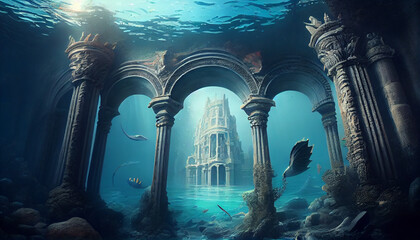 underwater scene with reef. underwater world concept. Ancient underwater city ocean scene Ai generated image