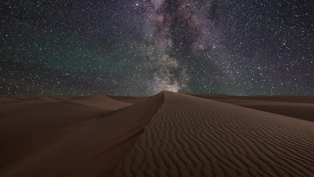 Amazing views of the desert under the night starry sky. Timelapse.