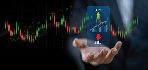 Successful of trader holding trading stock exchange graph money, global economic, trader investor,graph money of block chain stock market cryptocurrency selling and buy with price chart data graph