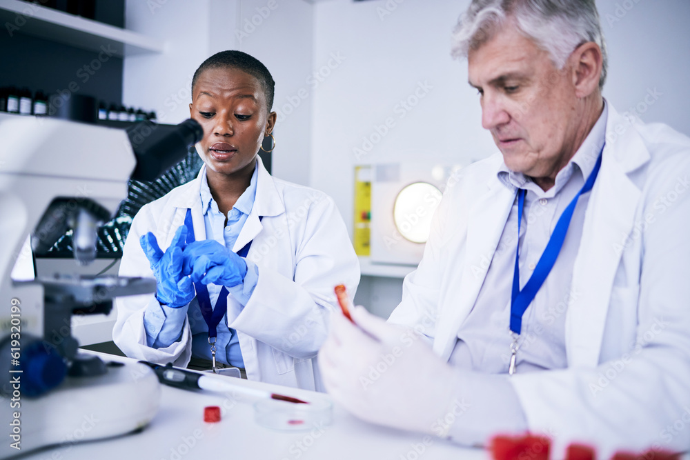 Wall mural Science, blood sample and research team in laboratory for medical results, collaboration or dna test. A man and woman scientist or doctor with fluid for scientific innovation, study or analysis