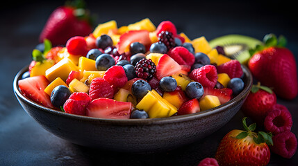 A colorful fruit salad, showcasing a variety of fresh fruits, ready to be enjoyed. made with ai generative