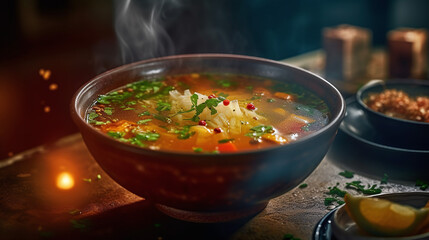 An enticing shot of a steaming bowl of homemade soup, showcasing the rich colors and textures of the ingredients. made with ai generative