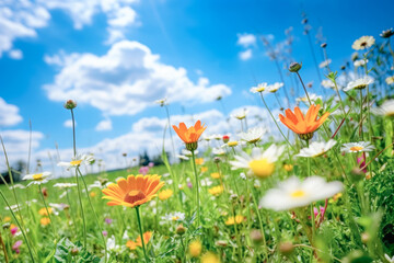 Fototapeta na wymiar Blooming meadow and blue sky, Generative AI
