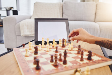 Video call, chess and woman in home with tablet, mockup and screen for gaming connection in lounge....