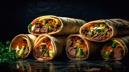Burritos wraps with beef and vegetables on black background. Generative AI