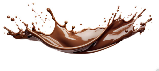 Food photography - Splash of liquid brown chocolate with splashing drops, isolated on transparent background PNG (Generative Ai)