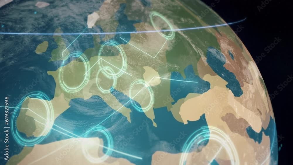 Sticker globe animation zoom on europe with network connections through country infrastructure