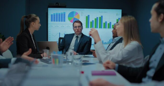multiethnic business team in conference room of big corporate, teamwork and brainstorming, 4K Prores