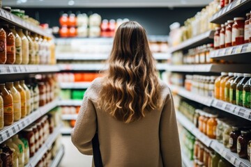 woman customer shopping for juice at supermarket or grocery store discount price on healthy fruit brand products. Non-existent person. Generative Ai