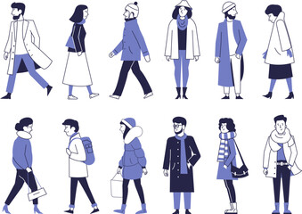 Set of people in winter and autumn clothes. Walking, standing men and women.
