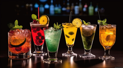Alcoholic cocktail row on bar table, colorful party drinks, made with ai generative