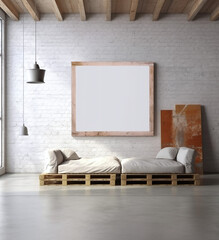 empty frame on pallets and on brick wall 3d illustration with 3d rendering, generative ai