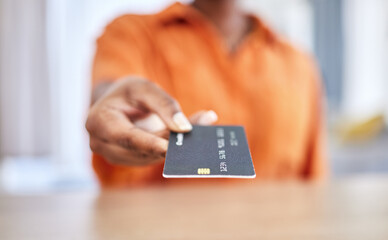Woman, hands and credit card for payment, banking or transaction to buy, purchase or account at...