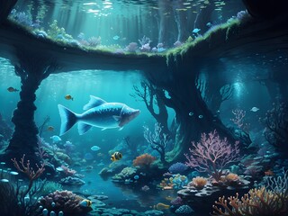 Underwater coral reef landscape wide 2to1 panorama background - AI generated