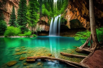 pristine waterfall cascading into a serene lake amidst lush green trees. Generative AI