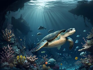Underwater coral reef landscape wide 2to1 panorama background - AI generated
