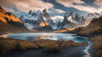 nice mountain with relfection and the bridge to far side - ai generated