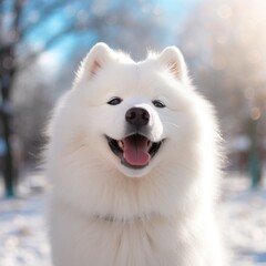 Naklejka premium White Samoyed dog portrait. The Samoyed dog makes a variety of naughty and lovely, happy and sad expressions. Generative Ai.