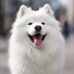 Fototapeta premium White Samoyed dog portrait. The Samoyed dog makes a variety of naughty and lovely, happy and sad expressions. Generative Ai.