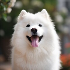 Fototapeta premium White Samoyed dog portrait. The Samoyed dog makes a variety of naughty and lovely, happy and sad expressions. Generative Ai.