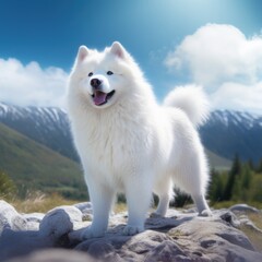 Obraz premium White Samoyed dog portrait. The Samoyed dog makes a variety of naughty and lovely, happy and sad expressions. Generative Ai.