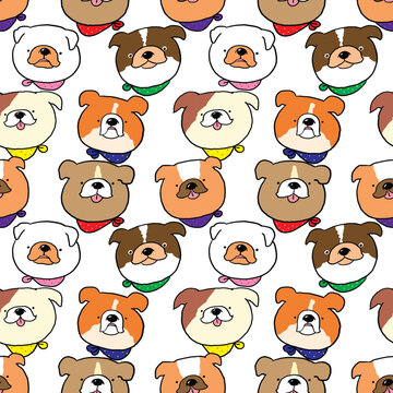 Seamless Pattern of Cute Cartoon Bulldog Face Design on White Background