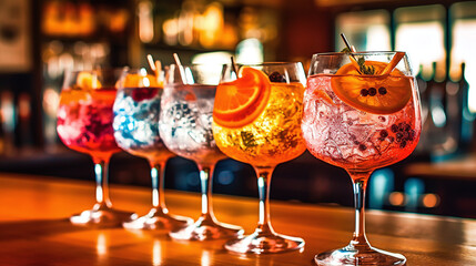 Five colorful gin tonic cocktails in wine glasses on bar counter in pup or restaurant.