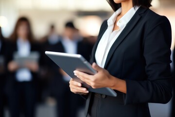 Close-up shot of a confident businesswoman delivering a compelling corporate presentation using a tablet. The focus is on her hands and the tablet screen. Non-existent person. Generative Ai