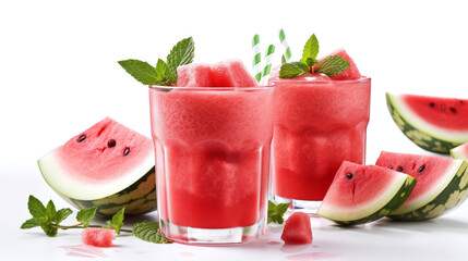 Fresh summer mocktail watermelon juice with ice in a two glass and glass straw on white background. Layout for wide banner with space for text. Generative Ai